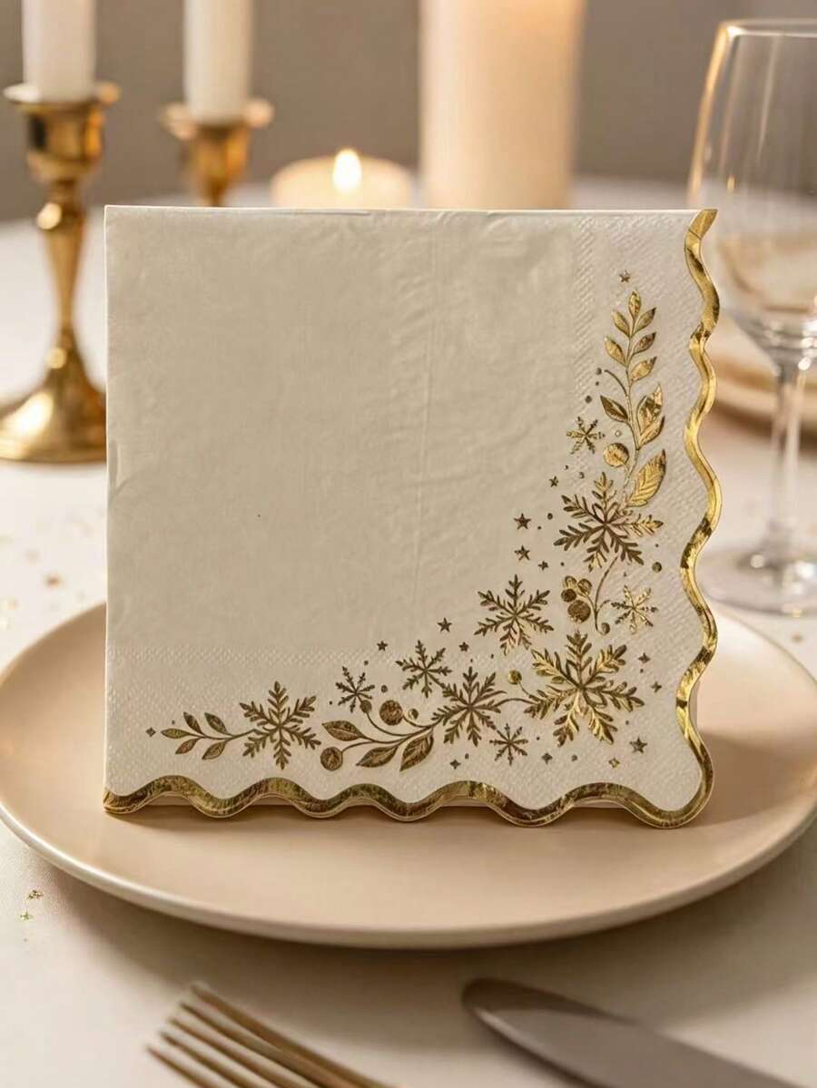 20pcs Gold Foil Snowflake Wavy Edge Paper Napkins, Red & White Snowflake Pattern Disposable Cocktail Napkins, Double Layer Soft, No Fluorescent Agents, Highly Absorbent, Lint-Free & Tear-Resistant, Embossed + Colorful Pattern Holiday Party Table Decor Napkins, Suitable For Platinum Luxury Style Christmas Party, Winter New Year Gathering, Minimalist Silent Night Banquet, High-End Platinum Paper Table Setting, Restaurant, Food Truck, Cafe - A - View 1