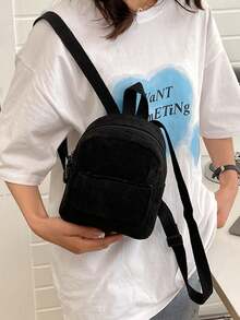 Fashionable And Versatile Solid Color Corduroy Laptop Work Backpack For Women, Mini Water Resistant Campus Daypack For High School College, - Black - View 7