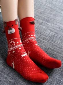 6 Pairs Women's Christmas Santa Claus, Snowman, Reindeer Red Mid-Calf Socks, Suitable For Christmas Outfit - Multicolor - View 6