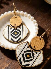 1 Pasang Anting Kayu Geometris, Anting Pola Belah Ketupat Bohemian Vintage - MultiWarna - View 4