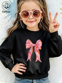 Girls Bow Print Crew Neck Casual Sweatshirt, Long Sleeve Loose Fit Kids Pullover For Fall & Spring - Black - View 10