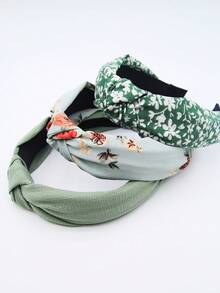 3pcs/Set Women's Green Floral Solid Color Fabric Wide Band Knotted Headband, Elegant & Sweet, Suitable For Daily Wear - Green - View 4