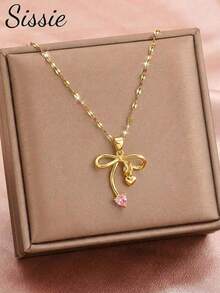 1pc Sweet Delicate Pink Heart & Bow Pendant Gold Necklace For Party Prom Anniversary Date Mother's Day Wedding Valentine's Day Gift For Daily Life - Gold - View 2