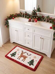 1pc/3pcs Christmas Series Reindeer & Christmas Tree Pattern Bathroom Rug Set, Velvet Material, Washable Floor Mat Carpet Decor For Kitchen, Bathroom, Bedroom, Christmas Decoration, Includes Bath Mat, U-Shaped Contour Mat And Vanity Mat - A - View 5