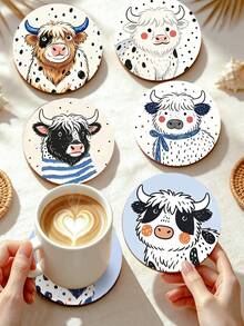 1/6pcs Cute Highland Cow Print Wooden Coasters, Cartoon Spotted Style Yak Art Drink Coasters Set, Coffee Table Heat-Resistant Coasters, Home Decor, Kitchen Bar, Party Table Protection, Non-Slip Beverage Coasters, Cow Lover Housewarming Gift - Multicolor - View 2