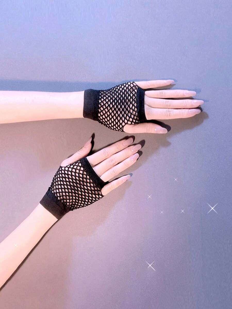 1 Pair Short Black Fishnet Gloves - Short Black - View 1