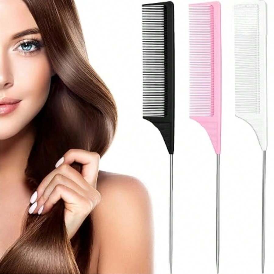 1/2pcs Metal Pointed Tail Comb, Plastic Fine Tooth Hair Parting Comb, Stainless Steel Rat Tail Comb, Suitable For Braiding, Dyeing And Styling, Autumn Style, Home Decor And Accessories, Autumn Bathroom Decor, Autumn Decoration, Kitchen Gadgets, Home