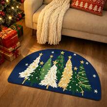 1pc Faux Linen Christmas Rug With Green White Gold Trees Stars Snowflake Pattern, Wipeable Easy Care Mat, Room Decor Aesthetic Mats For Bathroom Mats Entrance Home, Christmas Decorations For Home, Christmas Gifts For Women - View 6