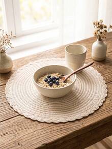 1/2/4/6/12pcs Cream White Wavy Braided Placemats, Japanese Rustic Style, Woven Material, Round Shape With Wavy Braided Edge Details, Heat-Resistant Tabletop Protection & Decorative Function, Tea Mat Suitable For Japanese Tea Room Arrangement And Quiet Home Decor Scenes - Beige - View 4