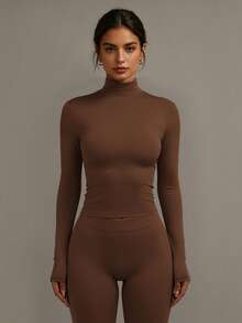 XLLAIS Long Sleeve High Neck Basic T Shirt 2026 Double Layer Elastic Tight Fitting Top - Camel - View 5