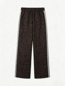 Plus Size Women's Leopard Print Straight Leg Pants With White Side Stripes, Warm And Comfortable For Autumn Wear - Coffee Brown - View 4