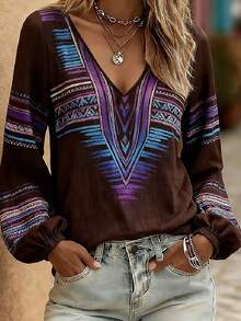 Plus Size Women's Bohemian Style V-Neck Long Sleeve Lantern Sleeve Top, Print Autumn Natural Woven Fabric Blouse - Dark Brown - View 5