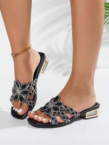 Luxury Sparkling Rhinestone Hollow Out Slide Sandals, Beach Vacation Low Chunky Heel Square Toe Outdoor Wear - Black - View 5