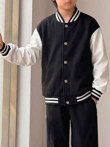 Boys' & Teens' Colorblock Sports Cardigan Baseball Jacket, Autumn/Winter Fashion Casual Loose Fit Jacket - Black - View 2