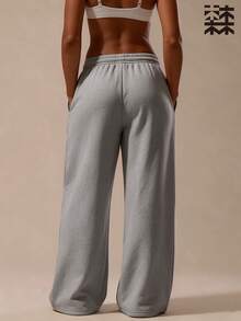 mulinsen Women's Minimalist Solid Color Wide Leg Sweatpants, Vertical Stitch Drawstring Waist Loose Casual Sports Long Pants - Grey - View 8