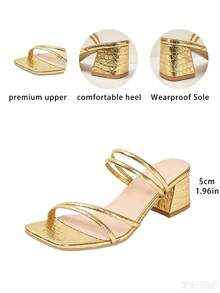 Women's Fashion High Heel Sandals, Elegant Open Toe Gold Crocodile Embossed Chunky Heel Slip-On Mule Sandals, Suitable For Commuting, Shopping, Beach, Party, Spring/Summer Outfits - Gold - View 2