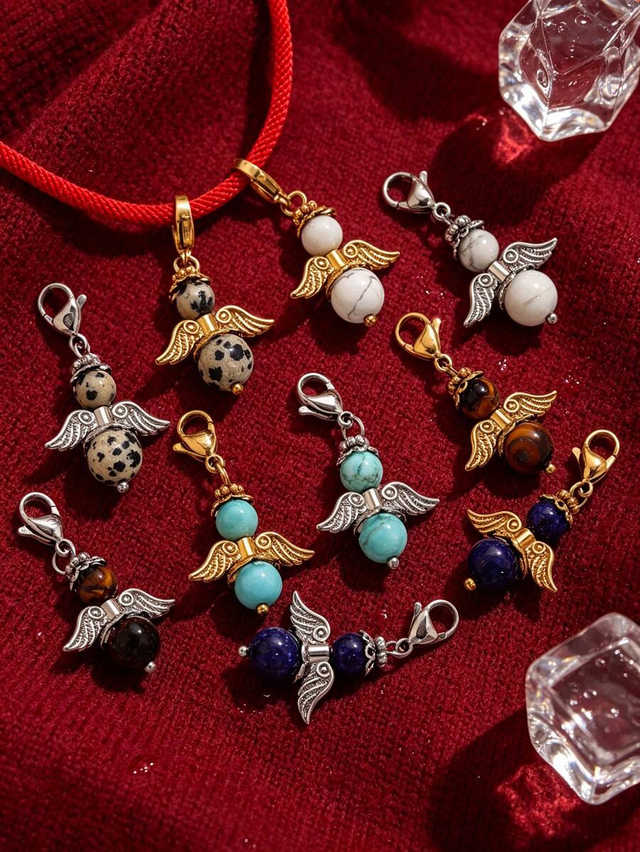 1pc Stainless Steel Vintage Angel Wings Natural Stone Lobster Clasp Pendant, Gemstone Bead Charm, Suitable For DIY Jewelry Making - one-size - View 1