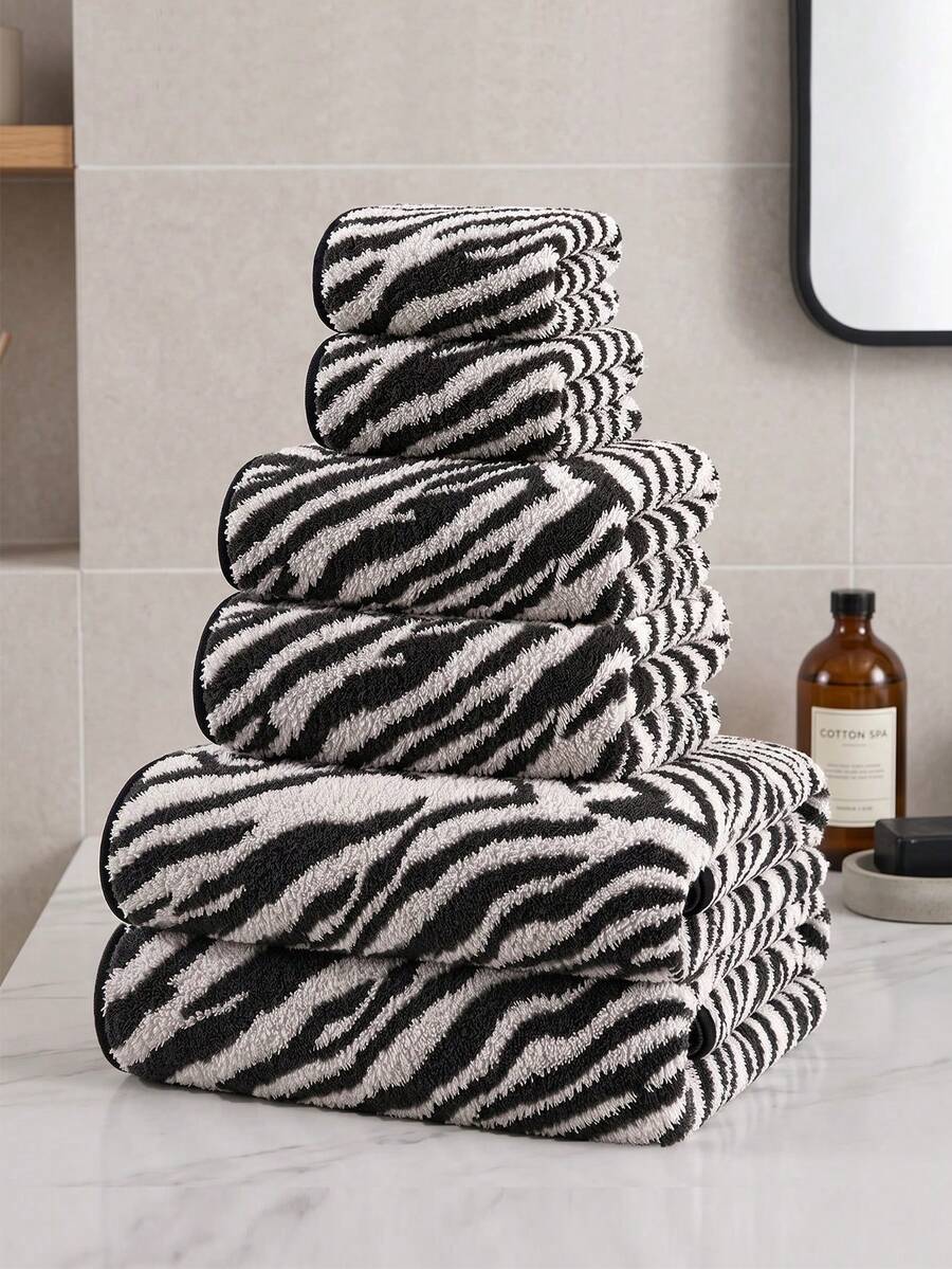 1pc/2pcs Approx. 13*30in/28*55in Thickened Zebra Stripe Coral Fleece Face Towel And Bath Towel, Super Soft, Absorbent, Quick Drying, Suitable For Swimming, Spa, Home Bathroom Shower, Back To School - Black and White - View 1