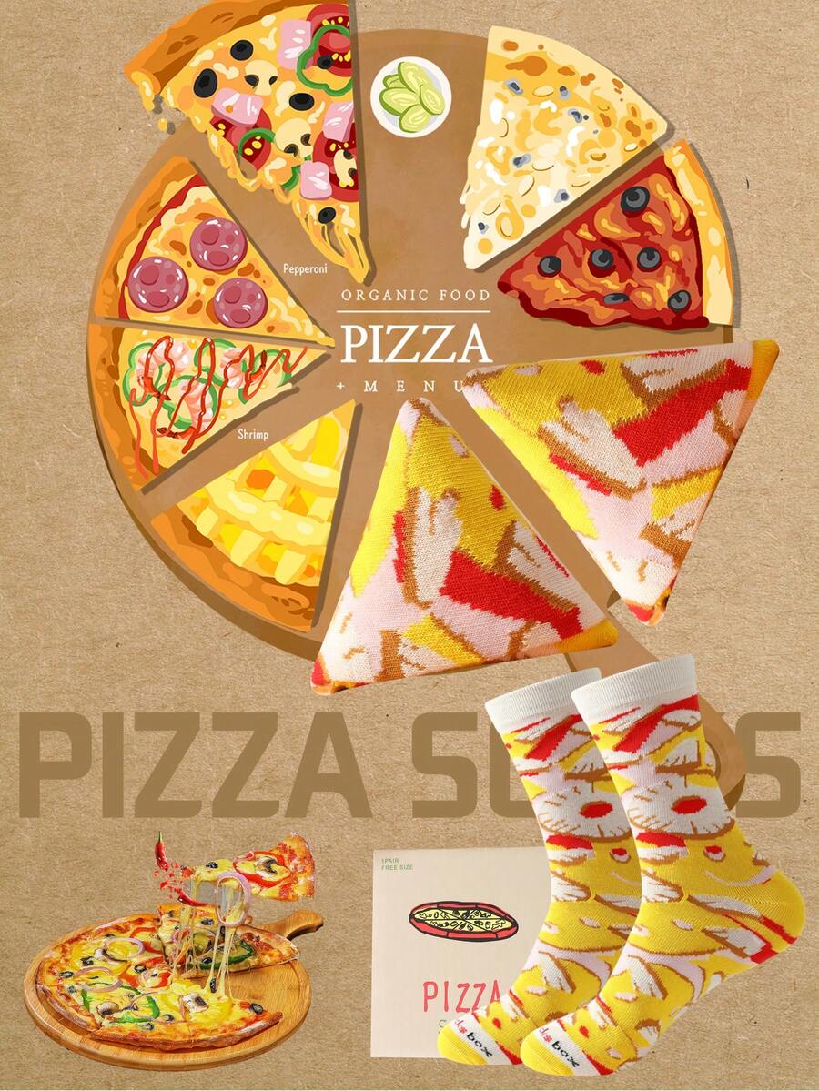 1 Pair Novelty Colorful Pizza Themed Socks, New Autumn/Winter Mid-Calf Socks, Unisex Gift Socks With Whimsical Food-Inspired Design, Hand Wash Only, Suitable For Daily Home, Casual, Outdoor Sports And Party Wear, Perfect As Birthday/Valentine's Day/Halloween/Christmas/New Year's Eve/New Year/Teacher's Day/Thanksgiving Gifts, Ideal For Daily Hiking/Running/Fitness/Skiing/Trekking - Multicolor - View 1
