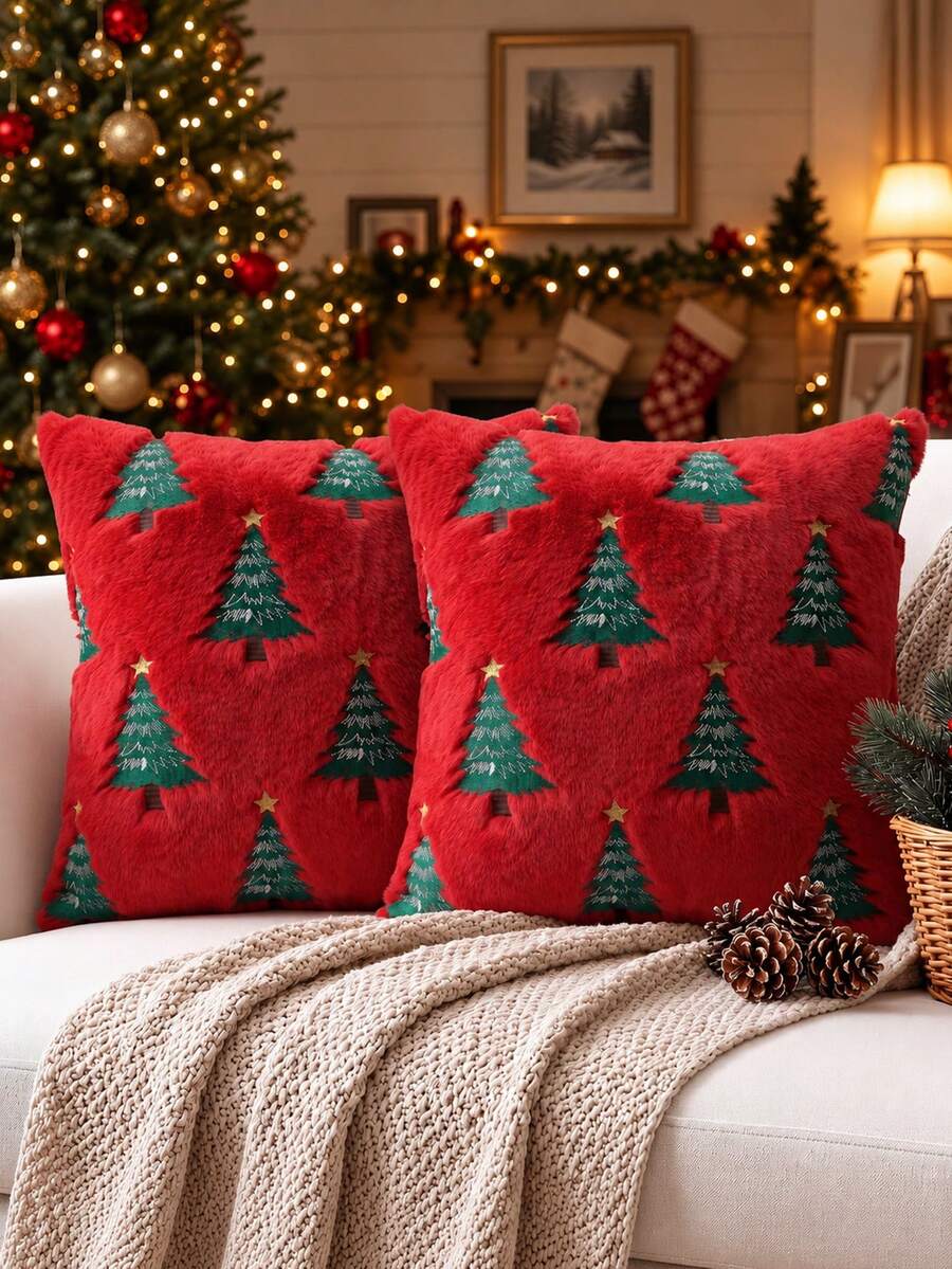 1pc/2pcs Christmas Tree Throw Pillow Covers, Winter Embroidered Christmas Tree Decorative Pillow Cases, Soft Plush Faux Fur Cushion Cover For Xmas Couch Sofa Home Decor - Red - View 1