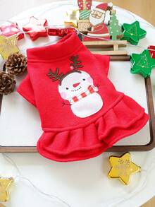 1pc Pet Clothes Dog Cat Apparel Clothing Small Dog Puppy Cute Pet Clothes Dog Apparel Clothing Small Dog Autumn Winter Warm Comfortable Snowman Christmas Red Dress - Red - View 9