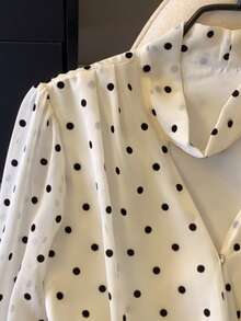 Bowknot Tie-Front Polka Dot Long Sleeve Blouse - White - View 3