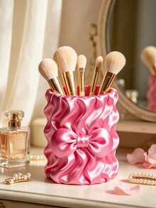 Cute Bow Satin Makeup Brush Holder, Pleated Silky Cosmetic Storage Cup, Decorative Desktop Storage Container Suitable For Vanity, Girls Makeup Accessories - Multicolor - View 11