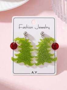 1 Pasang Anting-Anting Perhiasan Fashion Wanita Motif Pohon Natal Holly, Hadiah Sempurna untuk Pesta Liburan - Hijau - View 1