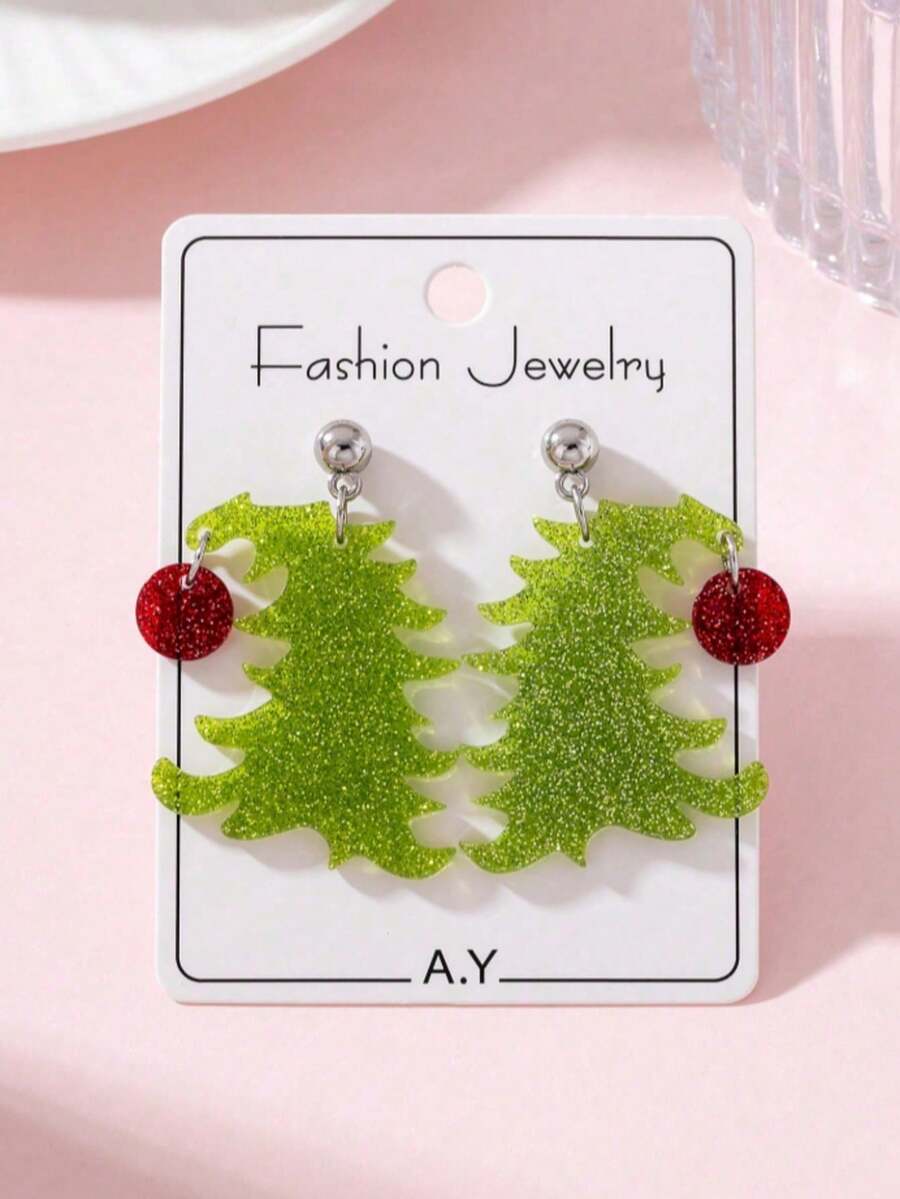 1 Pasang Anting-Anting Perhiasan Fashion Wanita Motif Pohon Natal Holly, Hadiah Sempurna untuk Pesta Liburan - Hijau - View 1
