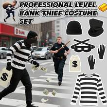 6Pcs Unisex Thief Costume Accessories Set, Couple Halloween Robber Outfit Beanie, Mask, Gloves, Neck Mask & Party Bag - Multicolor - View 3