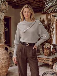 NiceArt Women's Autumn/Winter Vintage Asymmetrical Collar Knit Sweater, Metal Button Long Sleeve Pullover, Autumn Outfit, Party, Halloween - Khaki - View 7