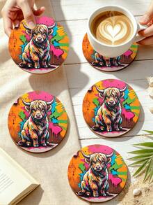 6/1pc Round Wooden Highland Cow Graffiti Print Coaster, Heat-Resistant Coffee Cup Insulation Pad, Colorful Street Art Animal Desktop Decor, Home Kitchen Supplies, Birthday Holiday Party Favor, Gift For Cow Lovers Boyfriend/Girlfriend - Multicolor - View 2