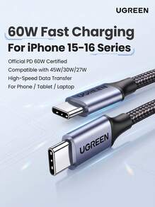 UGREEN US261 Type-C Braided Charging Cable: PD60W Fast Charging, Compatible With IPhone 15/16/17 Series, Laptops, And Tablets, 2-In-1 Charging And Data Transfer, Multiple Lengths Available - Multicolor - View 1