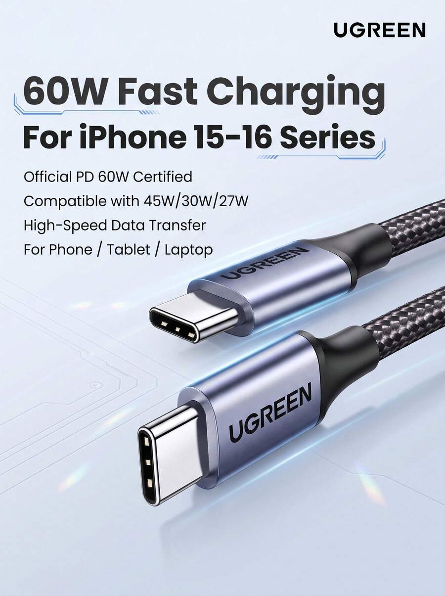 UGREEN US261 Type-C Braided Charging Cable: PD60W Fast Charging, Compatible With IPhone 15/16/17 Series, Laptops, And Tablets, 2-In-1 Charging And Data Transfer, Multiple Lengths Available - Multicolor - View 1