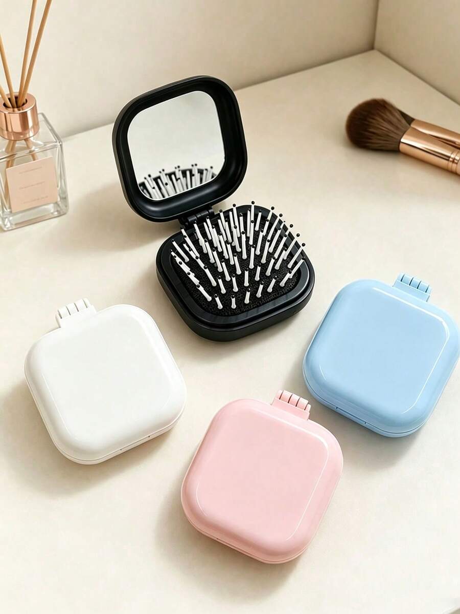 1pc New Colorful Square Folding Hair Brush With Mirror, Air Cushion Hair Comb In Pink/Blue/White/Black, Portable Travel Size, Easy To Comb Scalp, Solid Color Compact Square Styling Tool, Fits In Wallet/Pocket, Daily Use, Mini Hair Brush For Women And Girls - One Size - View 1