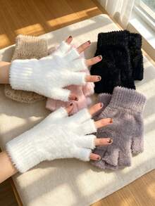 Soft Fuzzy Faux‑Mink Fingerless Gloves For Women, Warm Plush Half‑Finger Winter Gloves, Open‑Tip Design For Typing Writing Phone Operation, Non‑Shedding Cozy Knit Hand Warmers, Multiple Solid Colors, For Home Office Study Daily Cold‑Weather Wear - New Model - View 6