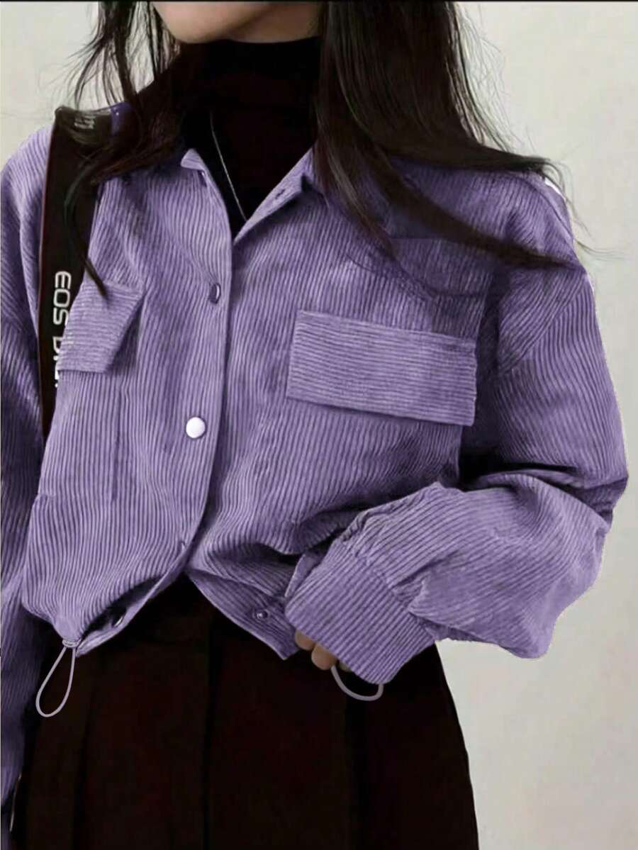 女款純色長袖單排扣休閒工裝夾克 - 芋泥紫 - 查看 1