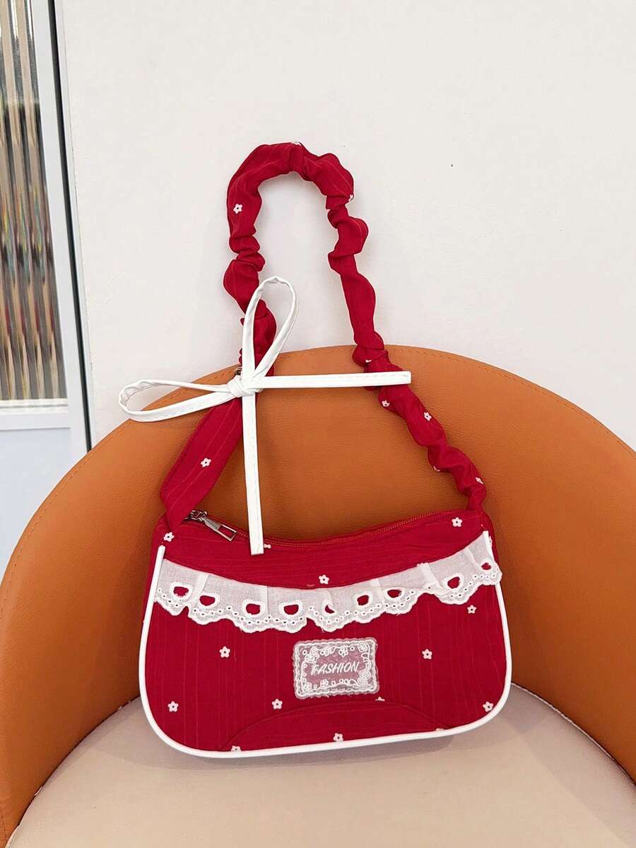 1件紅色尼龍布料光滑拉鍊花卉刺繡蕾絲字母Logo裝飾抽繩肩帶時尚百搭休閒極簡純色優雅小眾新款女款單肩包,適合女性日常使用 - 紅色 - 查看 1