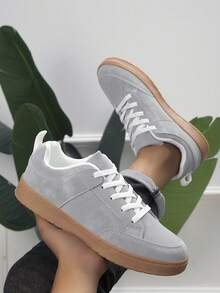 Men's Solid Color Lace-Up Low-Top Round Toe Minimalist Casual Sneakers For Daily Wear - Light Grey - View 3