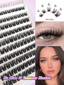 Self-Adhesive Cluster False Eyelashes, Fluffy Cat Eye Style, 8-16mm Mixed Length Single Cluster DIY Self-Adhesive Eyelash Extensions, Natural Long D-Curl Cat Eye Cluster False Eyelashes - D - View 3