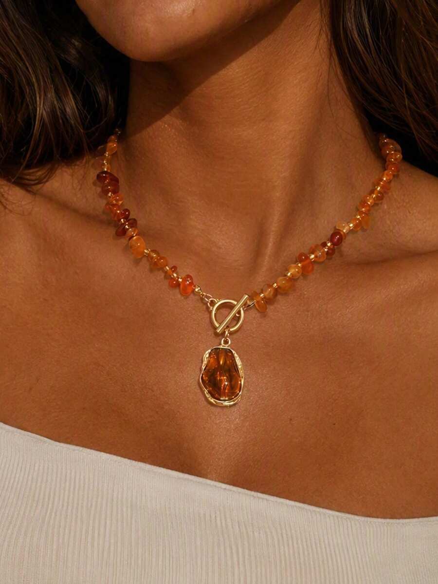1pc Maillard Vintage Style Asymmetrical Crushed Stone Beaded Necklace With Baroque Pendant Decoration, Fashionable Versatile Women's Neck Jewelry Suitable For Daily Commute, Dating, Shopping And Party Wear - Multicolor - View 1
