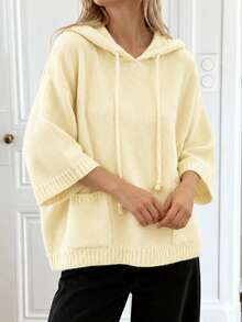 Plus Size Women's Solid Color Knit Fabric Pocket Drawstring Casual Versatile Commute Loose Hooded Pullover Sweater, Suitable For Vacation, Daily, Date, Autumn Single Piece - Pale Yellow - View 5