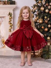 Baby Girls Tulle Bow Sequin Puff Birthday Party Princess Dress, Suitable For Flower Girl, Headband Not Included - Burgundy - View 1