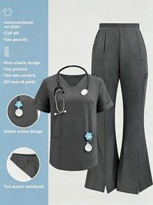 Solid Color V-Neck Short Sleeve Top And Split Leg Long Pants Lab Scrubs Nurse Scrub Uniform Set For Pet Hospital Clinic Private Care Workwear Fall - Grey - View 2
