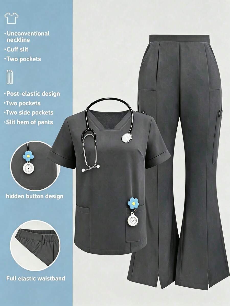 Solid Color V-Neck Short Sleeve Top And Split Leg Long Pants Lab Scrubs Nurse Scrub Uniform Set For Pet Hospital Clinic Private Care Workwear Fall