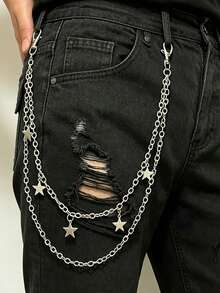 1pc Punk Metal Pentagon Star Pendant Double Chain Pants Chain Men's Women's Cool Hip-Hop Waist Chain Accessory - Silver - View 6