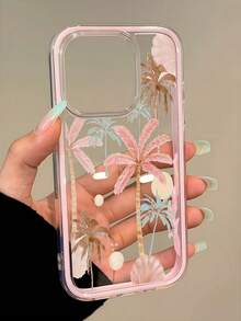 1pc Pink Frame Transparent Minimalist Lens Protection Anti-Drop Anti-Collision Colorful Sun & Coconut Tree Pattern Phone Case, Personalized Compatible With IPhone 16 Pro Max/18/17/16/15/14/13/12/11/Air And Series - Multicolor - View 4