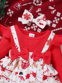 Baby Girl Christmas Santa Claus Snowman Cartoon Pattern Round Neck Long Sleeve 2 In 1 Suspender Bodysuit And Headband - Red - View 4