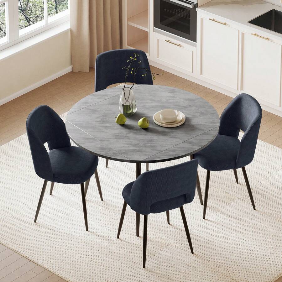 Modern White Marble Extendable Kitchen Table With Corduroy Upholstered Chairs For Dining Room, Kitchen - Grey Table + Dark Blue Chair - View 1