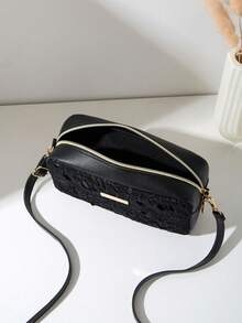 Mini Hollow Floral Woven Beach Bag, Camera Bag Coin Purse, Shoulder Bag, Women's New Multifunctional Compact Unique Square Shoulder Bag - Black - View 5